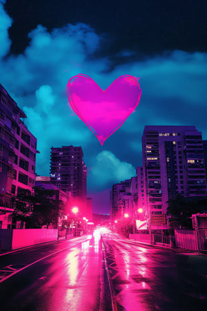 Generative AI : Red fabric heart love air balloon fly over moon and pink star on computer screen on wooden table over city Internet dating online Valentines day concept Elements ofの素材