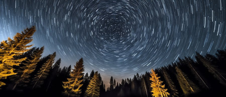 Generative AI : Long exposure star trails in the night sky against the background of tree crowns in the forestの素材