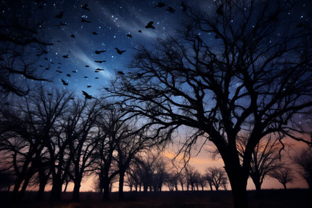 Generative AI : Silhouette of trees under night skyの素材