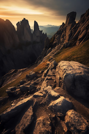Generative AI : Scenic view of rough rocky formations located in mountainous terrain with stony ground against sundown sky in ameal de pabloの素材