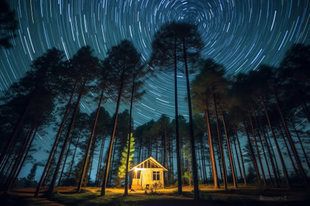 Generative AI : Long exposure star trails in the night sky against the background of tree crowns in the forestの素材