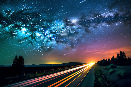 Generative AI : Night sky with milky way and stars Night road illuminated by car Light trailsの素材