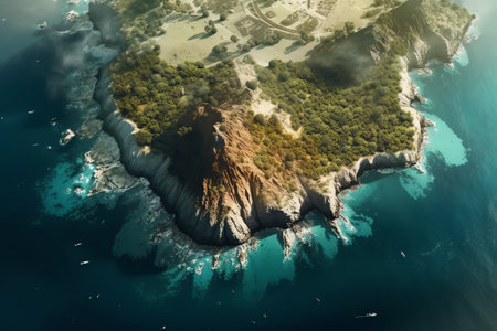 Generative AI : Photograph of Antalya Turkey taken from space Satellite view of mountain range and coastline taken from above Birds eye view of the Mediterranean coast Elements ofの素材