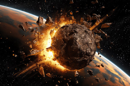 Generative AI : Saving planet Earth from asteroid Explosion on a meteorite flying to the Earth Spaceship flies away after a successful mission Collage Elements of this image furnisの素材
