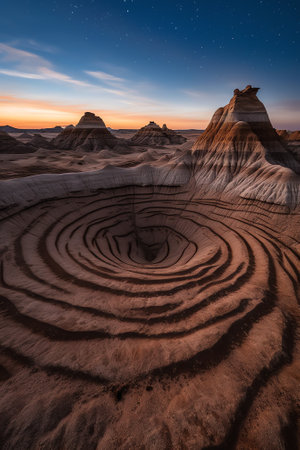 Generative AI : Spectacular scenery of rough rocky formations with uneven surface and wavy lines under starry sky in Toadstool Hoodoosの素材