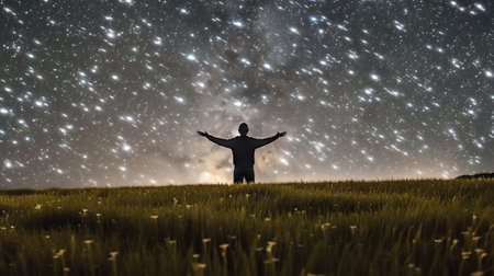 Generative AI : Man and the Universe A person is standing on the top of the hill next to the Milky Way galaxy with his hands raised to the airの素材