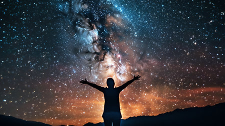 Generative AI : Man and the Universe A person is standing on the top of the hill next to the Milky Way galaxy with his hands raised to the airの素材