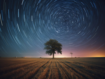 Generative AI : Night sky over lone tree with circular star trails centered and symmetrical compositionの素材