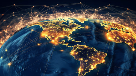 Generative AI : Global world telecommunication network with nodes connected around earth concept about internet and worldwide communication technology image from space furnished byの素材