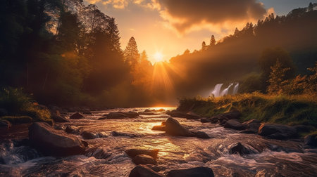 Generative AI : Sunset at the Irabia dam enjoying the Irati beech forest jungleの素材