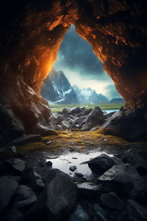 Generative AI : Low angle of arched rocky formation near green plants under starry night sky in icelandの素材