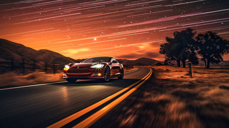 Generative AI : Night sky with milky way and stars Night road illuminated by car Light trailsの素材