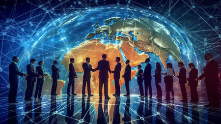 Generative AI : Hand leading global network connection and data exchange with Abstract Background Communication technology for internet business and social network Concept Elementsの素材