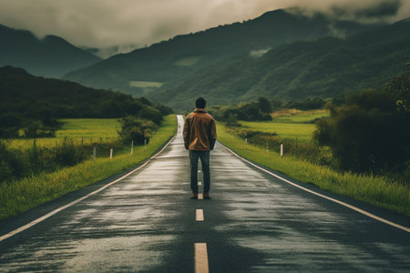 Generative AI : Lonely man walking down a long roadの素材