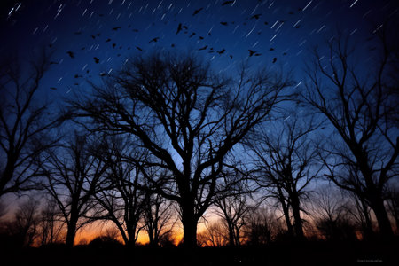 Generative AI : Silhouette of trees under night skyの素材