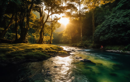 Generative AI : Sunset at the Irabia dam enjoying the Irati beech forest jungleの素材