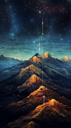 Generative AI : Starry sky over mountains panorama with city lights belowの素材