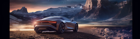 Generative AI : Milky Way over snowy mountains and blurred car headlights on the winding road at night in winter Beautiful landscape with starry sky snow covered rocks house roadwaの素材