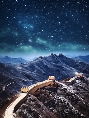 Generative AI : Picturesque view of urbasa range covered with snow under majestic starry sky during winter trip through spainの素材