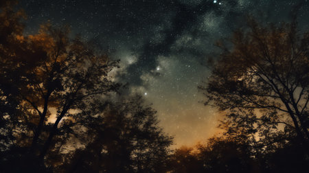 Generative AI : Stars at night with backlit treesの素材