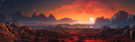 Generative AI : Panoramic landscape view of beautiful red rock canyon formations at Pulumur valley with super full moon Tunceli Turkey Elements of this image furnished by NASAの素材
