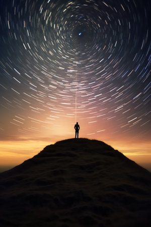 Generative AI : Low angle of silhouette of anonymous tourist standing with light torch on head on cliff against glowing starry sky at nightの素材