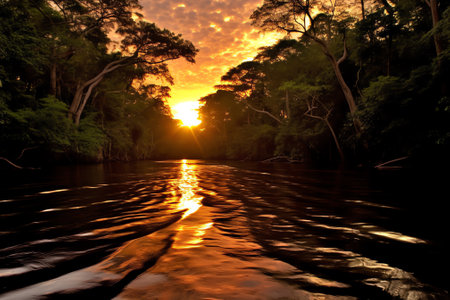 Generative AI : Sunset at the Irabia dam enjoying the Irati beech forest jungleの素材