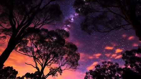 Generative AI : Silhouette of trees under night skyの素材