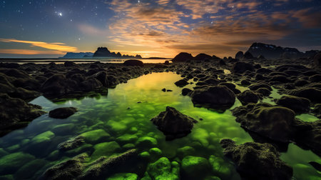 Generative AI : Low angle of arched rocky formation near green plants under starry night sky in icelandの素材