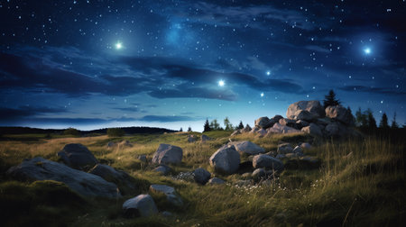 Generative AI : Spectacular landscape of rocks in highlands on background of sky with stars at nightの素材