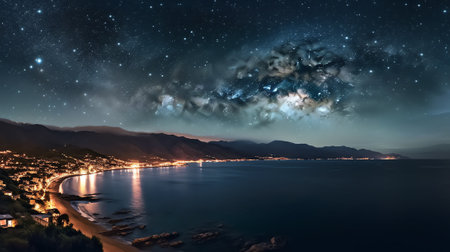 Generative AI : Milky Way over the sea Long time exposure night landscape with Milky Way Galaxy above the Black seaの素材