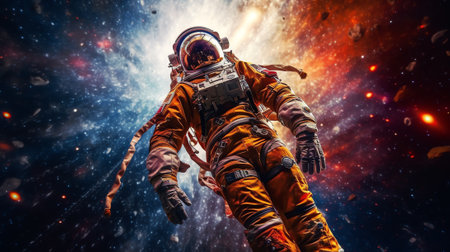 Generative AI : Picture of astronaut spacewalking with glowing stars and asteroids Deep space image science fiction fantasy in high resolution ideal for wallpaper and print Elementの素材