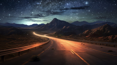 Generative AI : Night sky with milky way and stars Night road illuminated by car Light trailsの素材