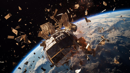 Generative AI : Saving planet Earth from asteroid Explosion on a meteorite flying to the Earth Spaceship flies away after a successful mission Collage Elements of this image furnisの素材