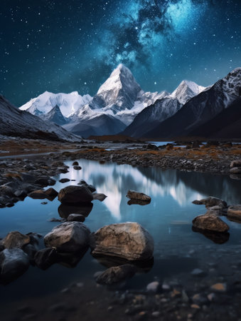 Generative AI : Milky Way and mountains Amazing scene with himalayan mountains and starry sky at night in Nepal Rocks with snowy peak and sky with stars Beautiful Himalayas Night lの素材