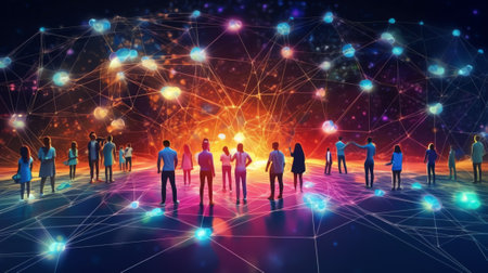 Generative AI : Hand leading global network connection and data exchange with Abstract Background Communication technology for internet business and social network Concept Elementsの素材