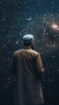 Generative AI : Man silhouette on a night sky background with bright stars trails Man watching the stars Science education and religion team concept background Elements of this imaの素材