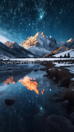Generative AI : Picturesque view of urbasa range covered with snow under majestic starry sky during winter trip through spainの素材