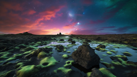 Generative AI : Picturesque landscape of krossanesfjall mountain ridge under colorful bright sky with milky way reflecting in pond at night in icelandの素材