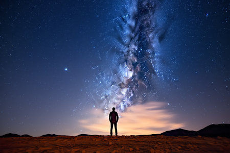Generative AI : Picturesque view of distant person standing on urbasa range covered with snow under majestic starry sky during winter trip through spainの素材