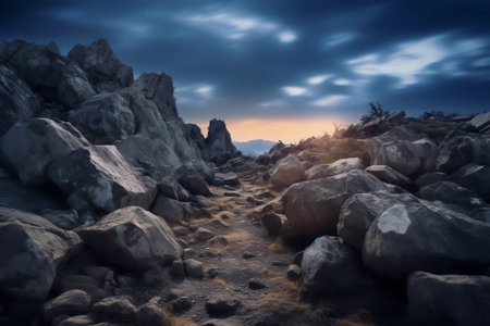 Generative AI : Spectacular landscape of rocks in highlands on background of sky with stars at nightの素材
