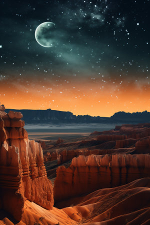 Generative AI : Spectacular scenery of rough rocky formations with uneven surface and wavy lines under starry sky in Toadstool Hoodoosの素材