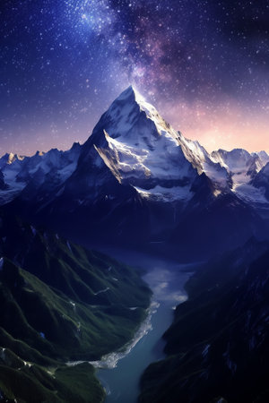 Generative AI : Space Milky Way and mountains Fantastic view with mountains and starry sky at night in Nepal Mountain valley and sky with stars Beautiful Himalayas Night landscapeの素材