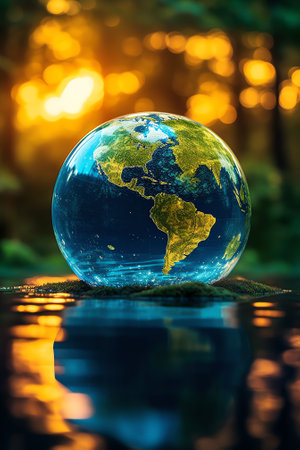 Generative AI : Globe Earth on Green Leaf and dark beckground with a lot of water drops Mother Nature Earth is in the Dark Day Save Our World Now Concept Elements of this image furの素材