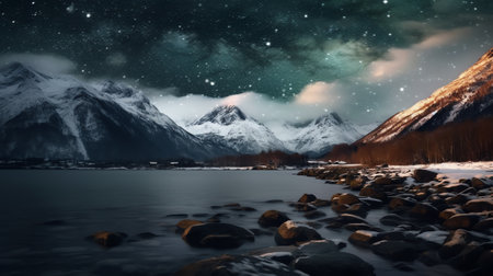 Generative AI : Milky Way above frozen sea coast and snow covered mountains in winter at night in Lofoten Islands Norway Arctic landscape with blue starry sky water ice snowy rocksの素材