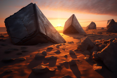 Generative AI : Scenic view of rough rocky formations located in mountainous terrain with stony ground against sundown sky in ameal de pabloの素材