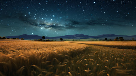 Generative AI : Night landscape with field on hills and Milky way skyの素材