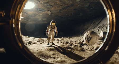 Generative AI : On the Moon Astronaut standing in front of an mysterious open door to another world Image with 3d rendering element and vintage film camera effects Elements of thisの素材