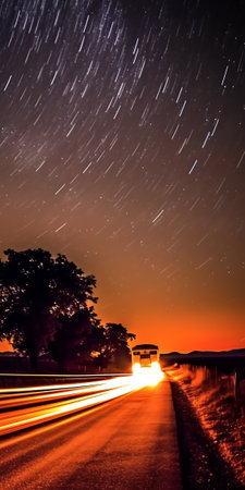 Generative AI : Night sky with milky way and stars Night road illuminated by car Light trailsの素材