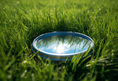 Generative AI : Looking for a Better Environmental World concept Round shape eyeglasses with Earth reflextion on green grass in blurred nature panoramic background Elements of thisの素材